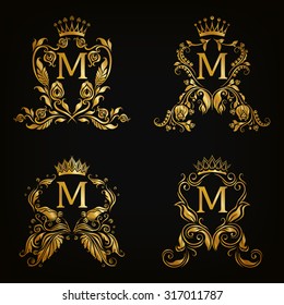 Set of gold monogram for graphic design on black background. Royal graceful frame, filigree border, crown, floral element in vintage style for wedding invitation, card, logo. Vector illustration EPS10