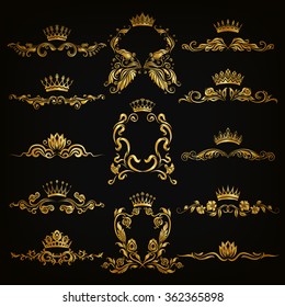 Set of gold monogram for graphic design on black background. Royal graceful frame, filigree border, crown, floral element in vintage style for wedding invitation, card, logo. Vector illustration EPS10