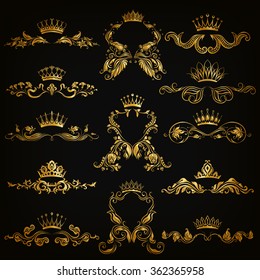 Set Of Gold Monogram For Graphic Design On Black Background. Royal Graceful Frame, Filigree Border, Crown, Floral Element In Vintage Style For Wedding Invitation, Card, Logo. Vector Illustration EPS10