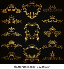 Set of gold monogram for graphic design on black background. Royal graceful frame, filigree border, crown, floral element in vintage style for wedding invitation, card, logo. Vector illustration EPS10