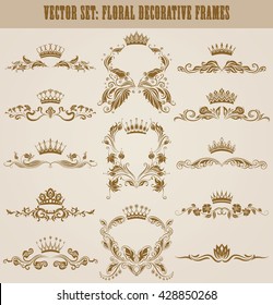 Set of gold monograms for graphic design. Royal graceful frames, filigree borders, crowns, decorative floral elements in vintage style for wedding invitations, gift cards, logo. Vector illustration.