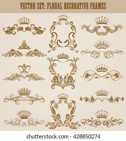 Set of gold monograms for graphic design. Royal graceful frames, filigree borders, crowns, decorative floral elements in vintage style for wedding invitations, gift cards, logo. Vector illustration.