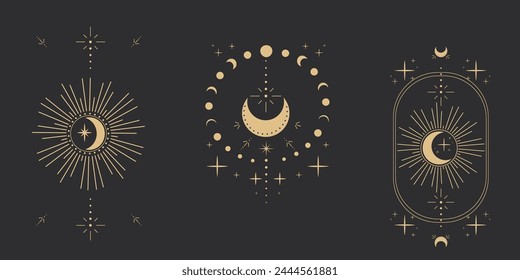 Set gold moon celestial tattoo or tarot astrology magic element with rays, stars, burst minimal line border or decoration isolated on dark background. Space symbols, emblem.