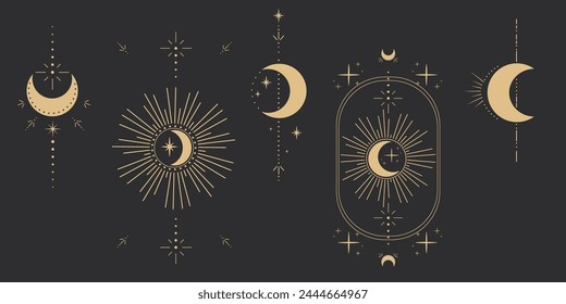 Set gold moon celestial tattoo or tarot astrology magic element with rays, stars, burst minimal line border or decoration isolated on dark background. Space symbols, emblem.