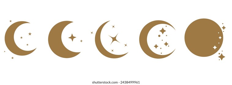 A set of gold moon and sparkling starlight illustrations of various shapes. The moon has the shape of a crescent, half, or full moon. Vector Illustration. EPS 10