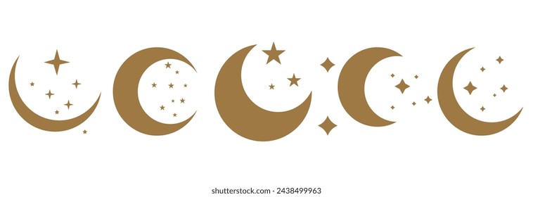 A set of gold moon and sparkling starlight illustrations of various shapes. The moon has the shape of a crescent, half, or full moon. Vector Illustration. EPS 10