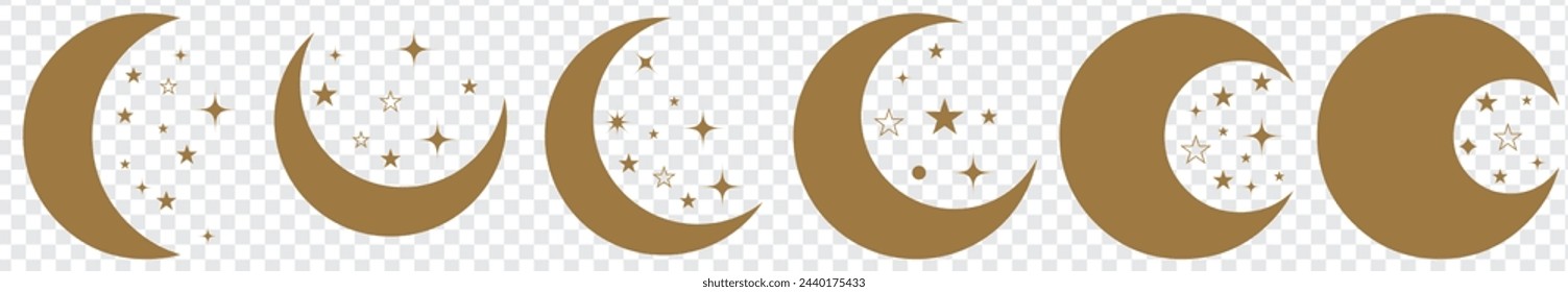 Ein Set aus Goldmond und funkelnden Sternenlicht-Illustrationen in verschiedenen Formen. Der Mond hat die Form eines Halbmonds, Halbmonds oder Vollmonds. In: Vector Illustration. EPS 10