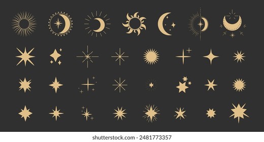 Set gold moon, sun and stars shine sparkle icon glare,light,blink star minimal shape, burst and rays golden decoration. Twinkle magic comic shine isolated on dark background.