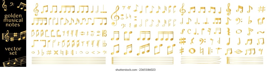 Conjunto de símbolos de notas de música dorada, vector de diseño plano. Iconos aislados de notas musicales dibujadas a mano