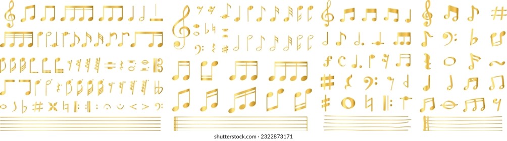 conjunto de notas musicales de oro o símbolos de notas musicales de color dorado. Ilustración del vector