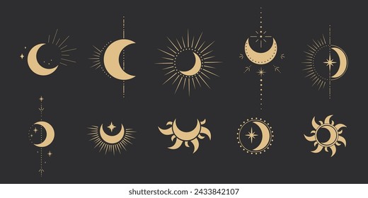 Set gold mystic moon celestial astrology magic element with rays, stars, burst minimal line tattoo, border or decoration isolated on dark background. Space symbols, emblem.