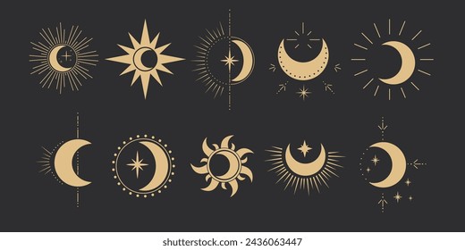 Set gold mystic moon celestial astrology magic element with rays, stars, burst minimal line tattoo, border or decoration isolated on dark background. Space symbols, emblem.