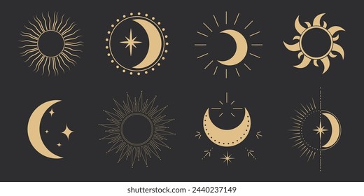 Conjunto de oro místico luna celestial astrología elemento mágico con rayos, estrellas, ráfaga mínima línea tatuaje, borde o decoración aislado en fondo oscuro. Símbolos espaciales, emblema.