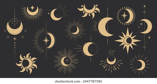 Set gold mystic moon celestial astrology magic element with rays, stars, burst minimal line tattoo, border or decoration isolated on dark background. Space symbols, emblem.