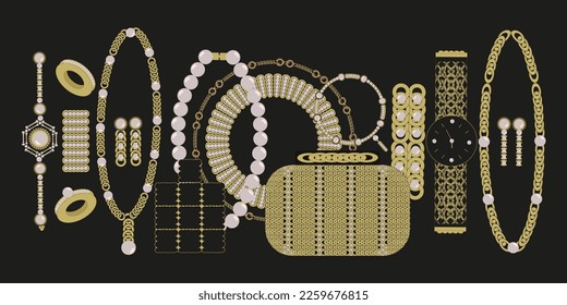 Set gold necklace, pearl beads, watch,clutch, chain, perfume,ring, bracelet, earrings. Luxury Jewelry  Metal on red vintage background. Woman Bijoux. Vector illustration. Invitation, cart, shopping.