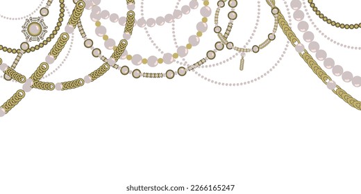 Set gold necklace, pearl beads. Luxury Jewelry gold metal on black background. Woman Bijoux, lettering love and gold rings. Vector illustration. Wedding invitation, cart.