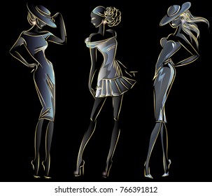 Set of gold neon fashion woman silhouette, beautiful fashion model on black background logo vector illustration art