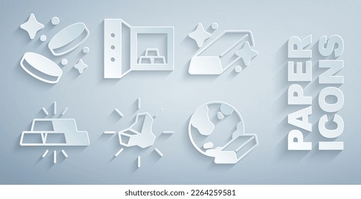 Set Gold Nugget, barras, Safe with gold y coin money icon icono. Vector