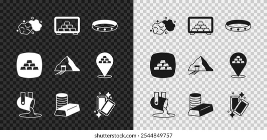 Conjunto de pepita de oro, caja fuerte con barras de oro, anillo, fundido que se vierte, moneda e icono de mina. Vector