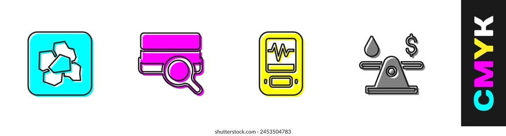 Set Gold Nugget, Bodenanalyse, Seismograph und Öl Geld-Symbol. Vektorgrafik