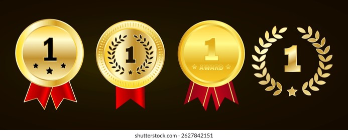 Set of Gold Number One Medals with Ribbons and Laurel Wreaths for First Place Award, Champion Badge, and Competition Achievement Icons