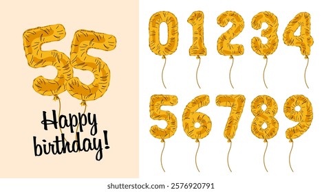 Set gold numbers from 0 to 9. Holiday set for a party, birthday, anniversary and wedding celebration. Balloons in form numbers for postcards, posters, congratulations.