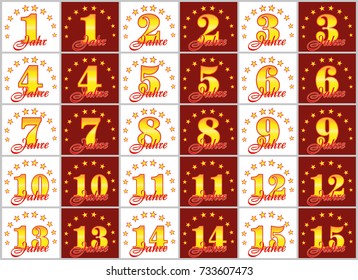 Set of gold numbers from 1 to 15 and the word of the year decorated with a circle of stars. Vector illustration. Translated from German - Years 