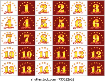 Set of gold numbers from 1 to 15 and the word of the year decorated with a circle of stars. Vector illustration. Translated from Spanish - Years 