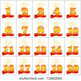 Set of gold numbers from 1 to 20 and the word of the year on the background of a red ribbon. Vector illustration.