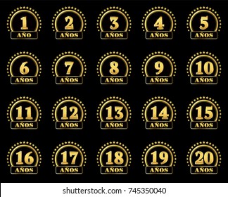 Set of gold numbers from 1 to 20 and the word of the year decorated with a circle of stars. Vector illustration. Translated from Spanish - Years 