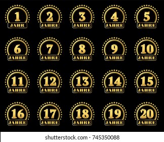 Set of gold numbers from 1 to 20 and the word of the year decorated with a circle of stars. Vector illustration. Translated from German - Years 