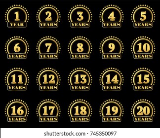 Set of gold numbers from 1 to 20 and the word of the year decorated with a circle of stars. Vector illustration.