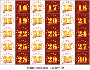 Set of gold numbers from 16 to 30 and the word of the year decorated with a circle of stars. Vector illustration. Translated from German - Years 