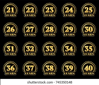 Set of gold numbers from 21 to 40 and the word of the year decorated with a circle of stars. Vector illustration.