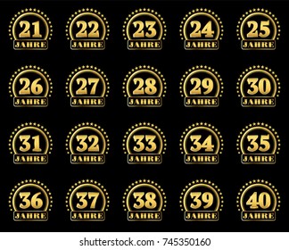 Set of gold numbers from 21 to 40 and the word of the year decorated with a circle of stars. Vector illustration. Translated from German - Years 