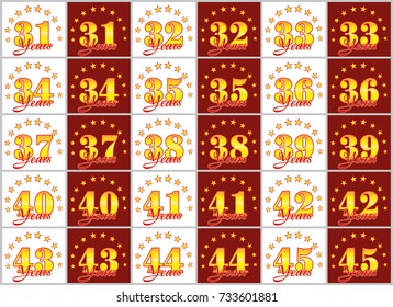 Set of gold numbers from 31 to 45 and the word of the year decorated with a circle of stars. Vector illustration