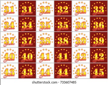 Set of gold numbers from 31 to 45 and the word of the year decorated with a circle of stars. Vector illustration. Translated from German - Years 