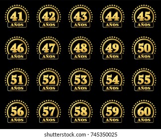 Set of gold numbers from 41 to 60 and the word of the year decorated with a circle of stars. Vector illustration. Translated from Spanish - Years 