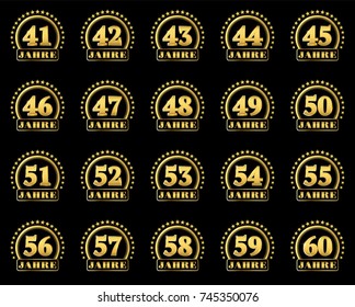 Set of gold numbers from 41 to 60 and the word of the year decorated with a circle of stars. Vector illustration. Translated from German - Years 