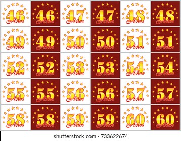 Set of gold numbers from 46 to 60 and the word of the year decorated with a circle of stars. Vector illustration. Translated from Spanish - Years 
