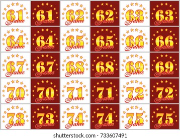 Set of gold numbers from 61 to 75 and the word of the year decorated with a circle of stars. Vector illustration. Translated from German - Years 