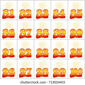 Set of gold numbers from 81 to 100 and the word of the year on the background of a red ribbon. Vector illustration. Translated from the German - Years