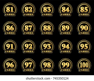 Set of gold numbers from 81 to 100 and the word of the year decorated with a circle of stars. Vector illustration. Translated from German - Years 