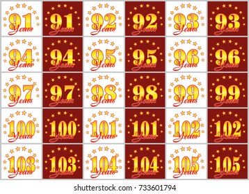 Set of gold numbers from 91 to 105 and the word of the year decorated with a circle of stars. Vector illustration