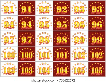 Set of gold numbers from 91 to 105 and the word of the year decorated with a circle of stars. Vector illustration. Translated from Spanish - Years 