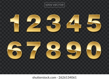 set of Gold numbers with endings made of golden ribbons isolated on transparent background. Vector decorative design elements template