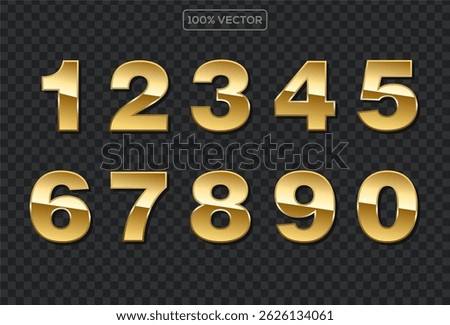 set of Gold numbers with endings made of golden ribbons isolated on transparent background. Vector decorative design elements template