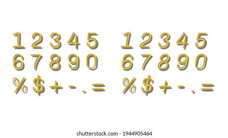 Set of gold numbers and symbols. Metallic gold letter. Numbers 1 2 3 4 5 6 7 8 9 0. Alphabetical font. Vector illustration is made in the form of inflatable balls.