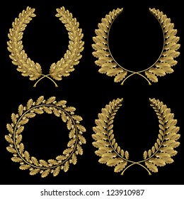 Set from  gold oak wreath on the black background