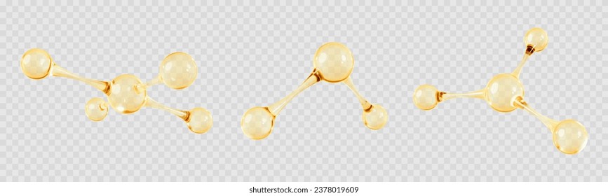 Set of gold oil molecule. 3D abstract molecular structures isolated on transparent background. Beauty science skincare molecular concept. Vector 3d illustration svg